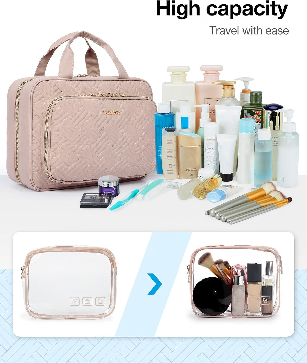 BAGSMART Hanging Toiletry Bag – Travel Makeup Organiser with Clear Cosmetic Pouch, Medium Pink