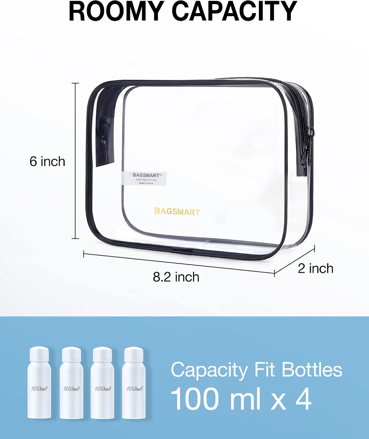 BAGSMART clear toiletry bag measuring 8.2 x 6 x 2 inches, holding four 100 ml bottles