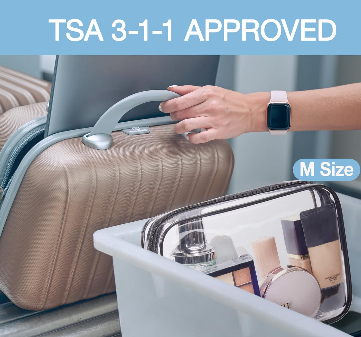 BAGSMART clear toiletry bag in an airport security tray beside a suitcase