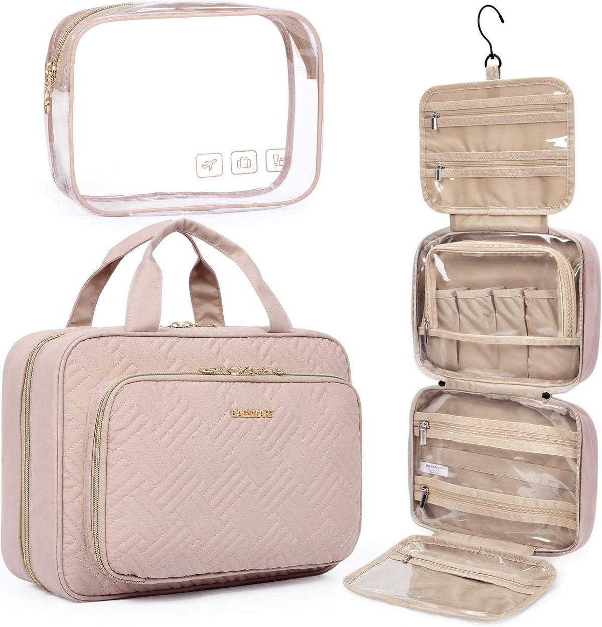 BAGSMART Hanging Toiletry Bag – Travel Makeup Organiser with Clear Cosmetic Pouch, Medium Pink