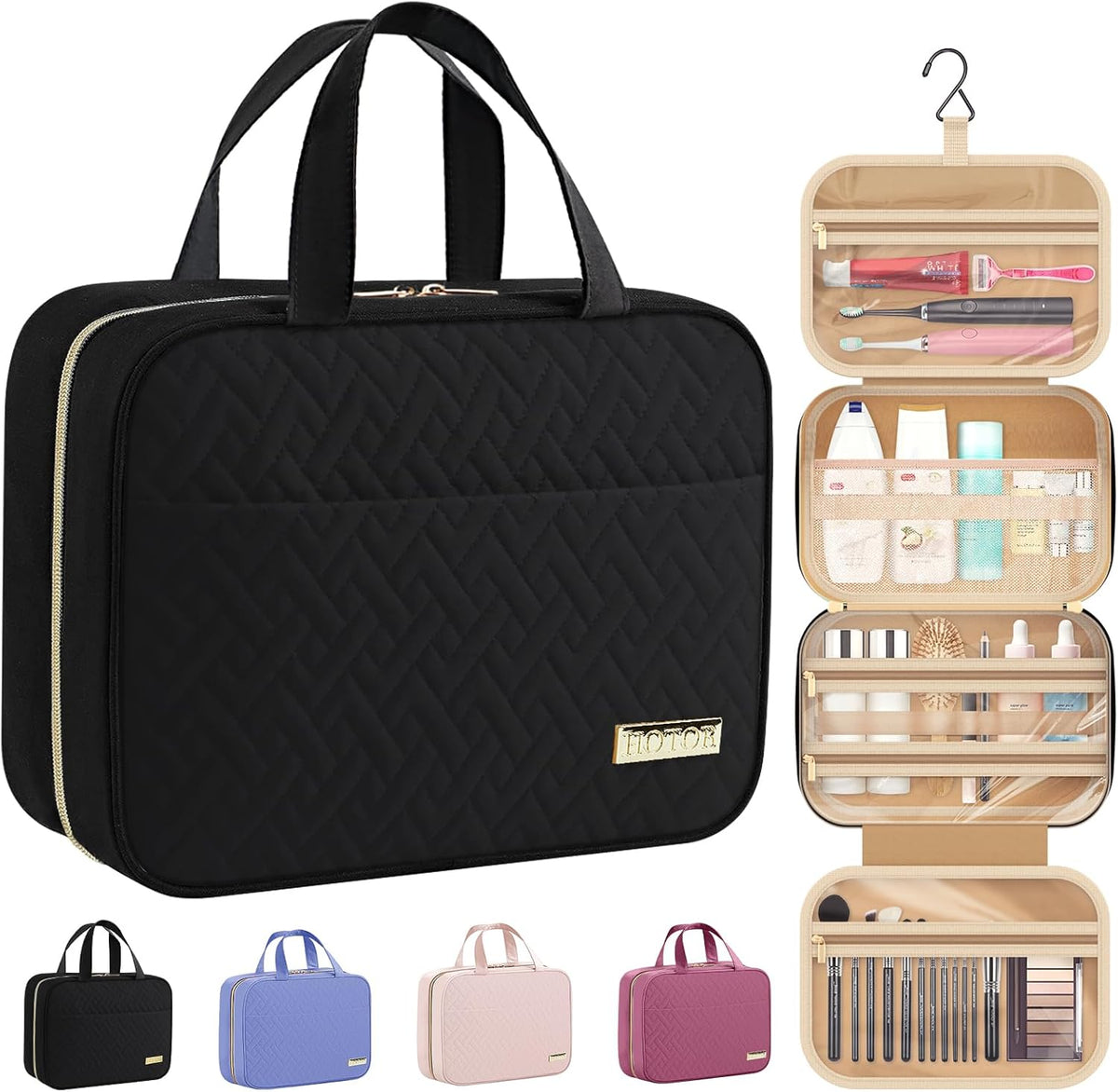 HOTOR Hanging Toiletry Bag – Travel Makeup Organiser with Clear Waterproof Compartments, Black