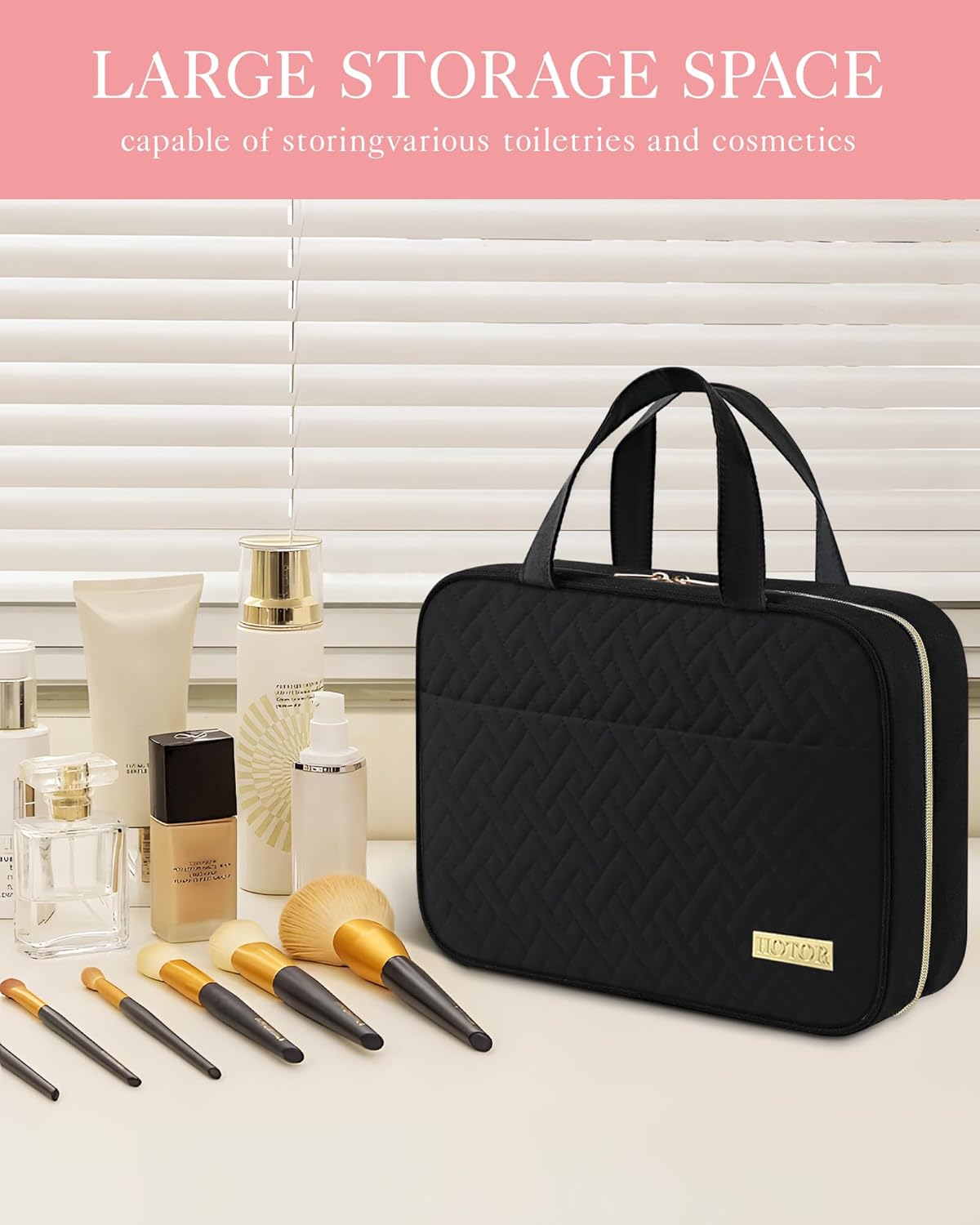 HOTOR Hanging Toiletry Bag – Travel Makeup Organiser with Clear Waterproof Compartments, Black