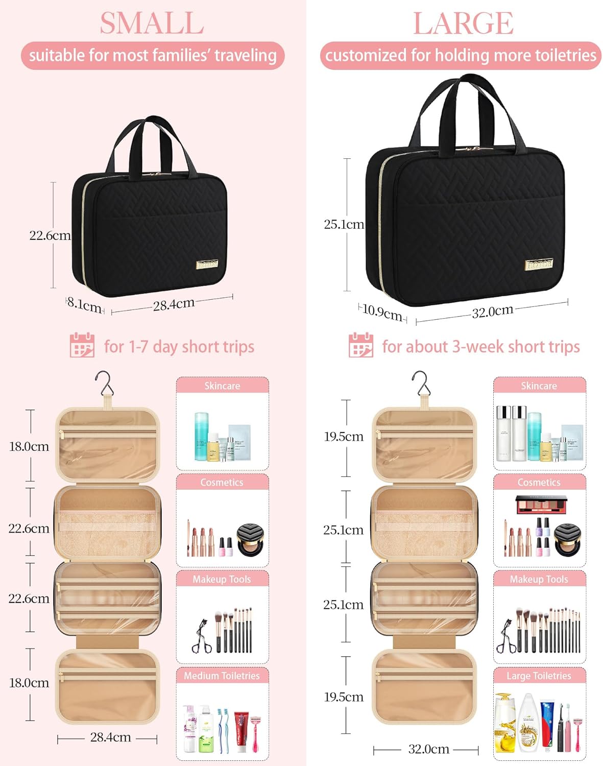 HOTOR Hanging Toiletry Bag – Travel Makeup Organiser with Clear Waterproof Compartments, Black