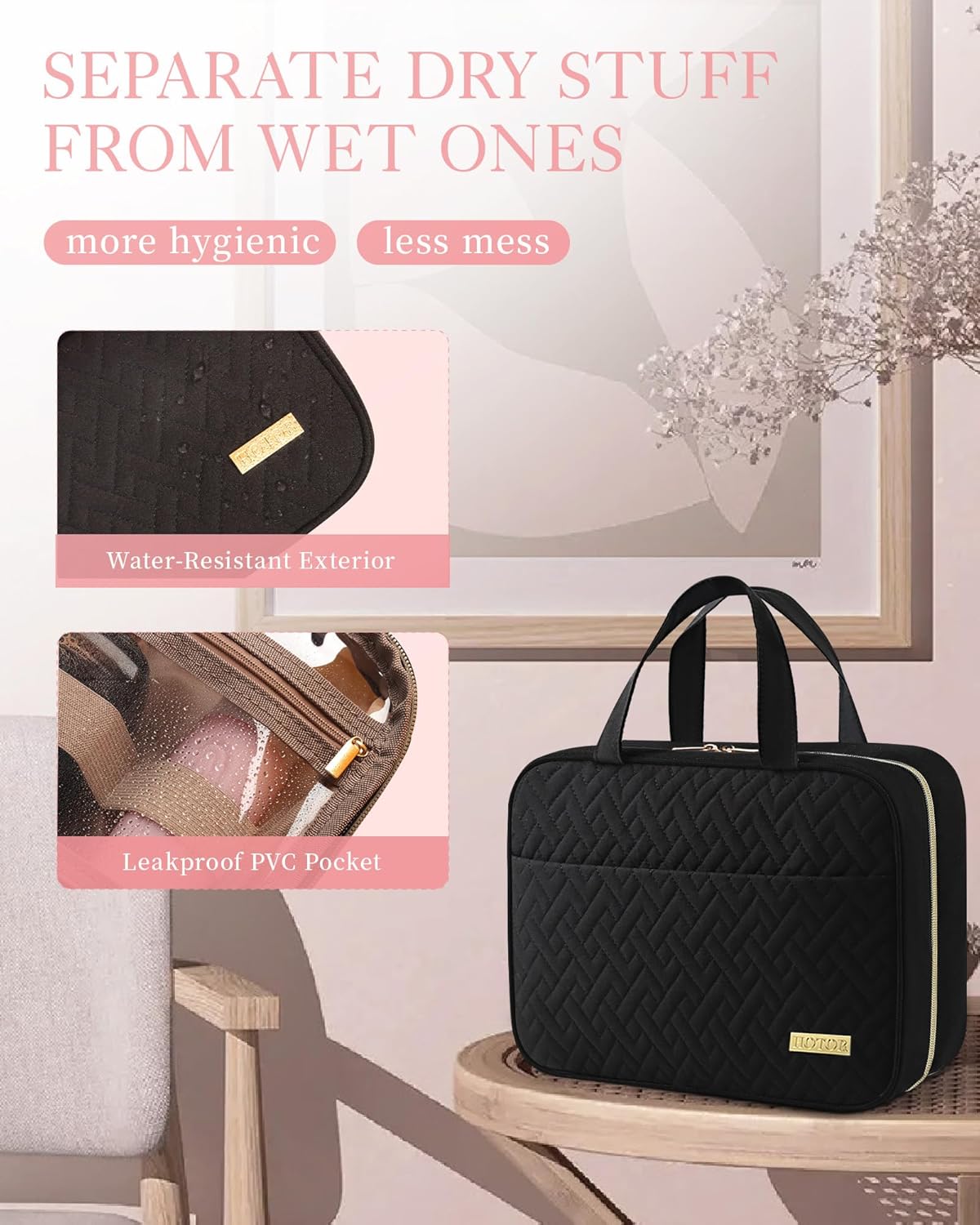HOTOR Hanging Toiletry Bag – Travel Makeup Organiser with Clear Waterproof Compartments, Black