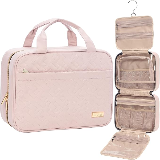 NISHEL Hanging Toiletry Bag – Travel Makeup Organiser with 4 Clear Compartments, Medium Pink