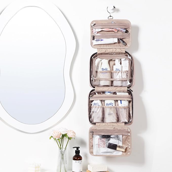 NISHEL Hanging Toiletry Bag – Travel Makeup Organiser with 4 Clear Compartments, Medium Pink