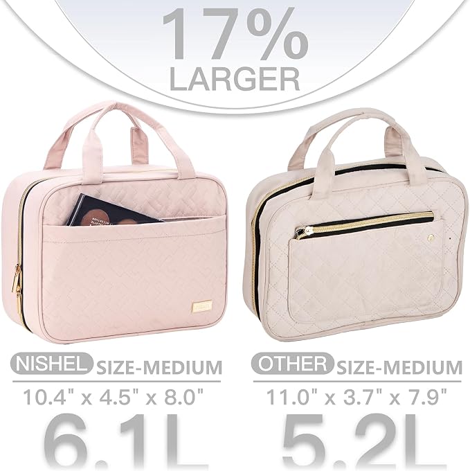 NISHEL Hanging Toiletry Bag – Travel Makeup Organiser with 4 Clear Compartments, Medium Pink