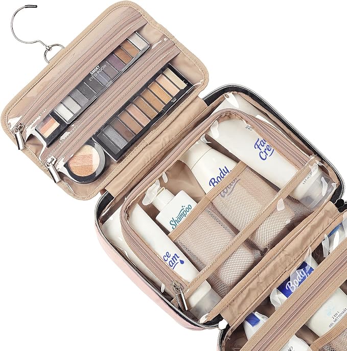 NISHEL Hanging Toiletry Bag – Travel Makeup Organiser with 4 Clear Compartments, Medium Pink